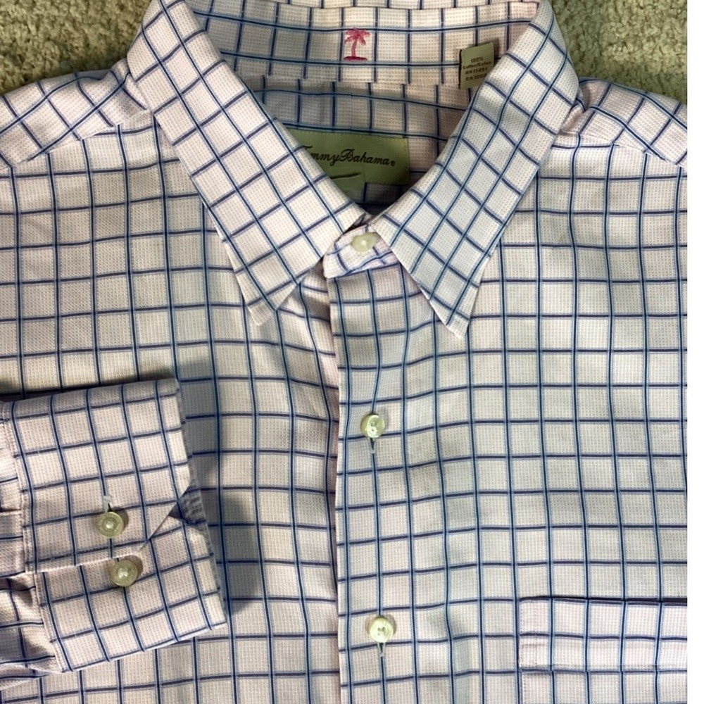 Tommy Bahama Mens 17 34/35 Pink Blue Windowpane‎ Check Cotton Button Down Shirt
